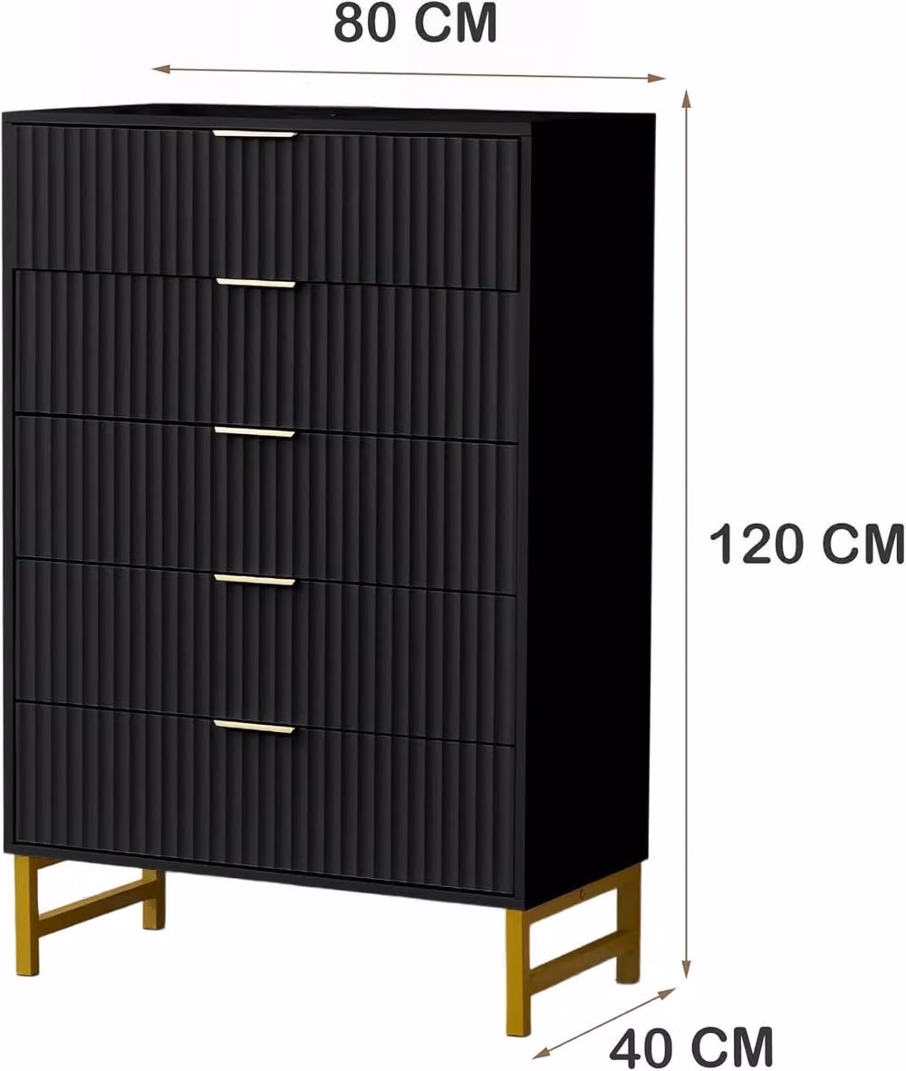 FURNITURE ONE Modern Black Chest of 5 Drawers Storage Cabinet with Gold Metal Legs, W: 120 cm, H: 80 cm, D: 40 cm – 4