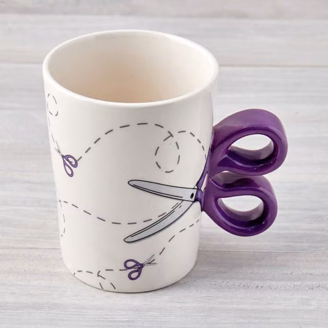 Hemline Sewing Theme Ceramic Novelty Mug in White with Scissor Design