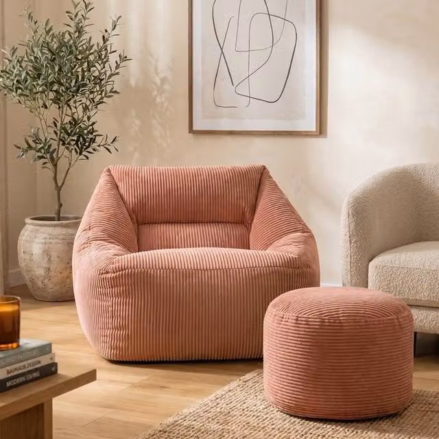 icon Natalia Corduroy Bean Bag Armchair and Round Footstool Set in Pink – 1