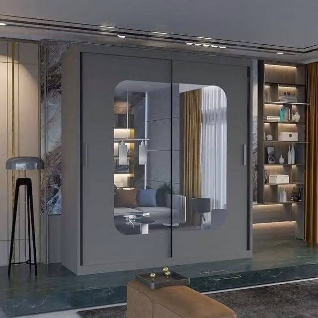 Sliding Wardrobes 4U Double Sliding Wardrobe with Integrated LED Light in Grey, W: 120 cm, H: 217 cm, D: 62 cm – 1