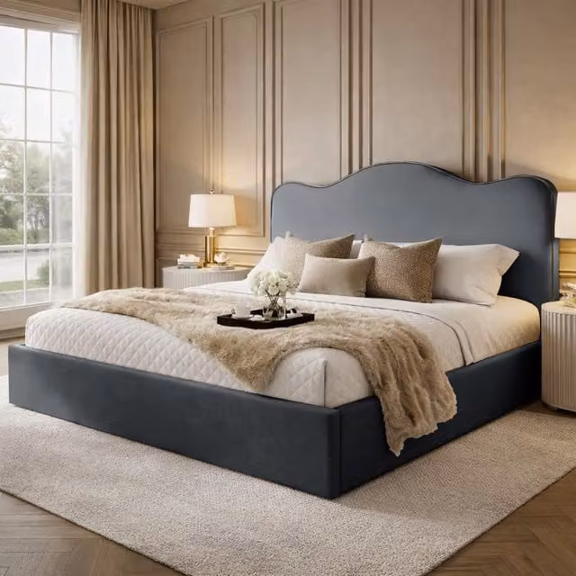 Desire Deco Angelito Modern Upholstered Plush Velvet Bed Frame, Blue, W/D/H: 180 x 200 cm