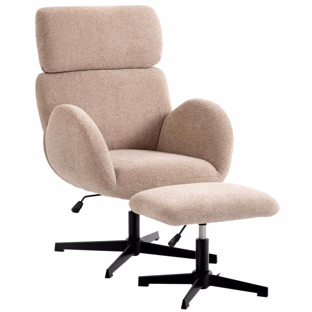 STILVORA Beige Velvet Swivel Armchair with Ottoman and Metal Frame – 2