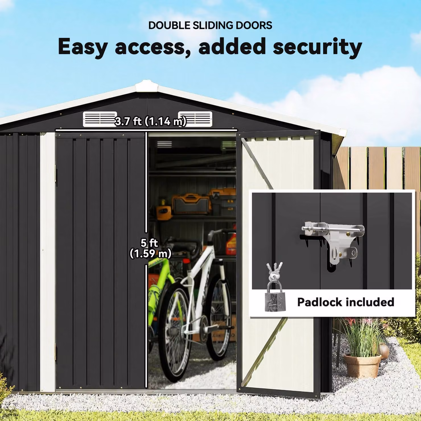Outsunny Dark Grey Galvanised Steel Garden Storage Shed with Lockable Double Doors and 4 Vents, W: 365.76 cm, D: 238.0 cm, H: 194.0 cm – 7