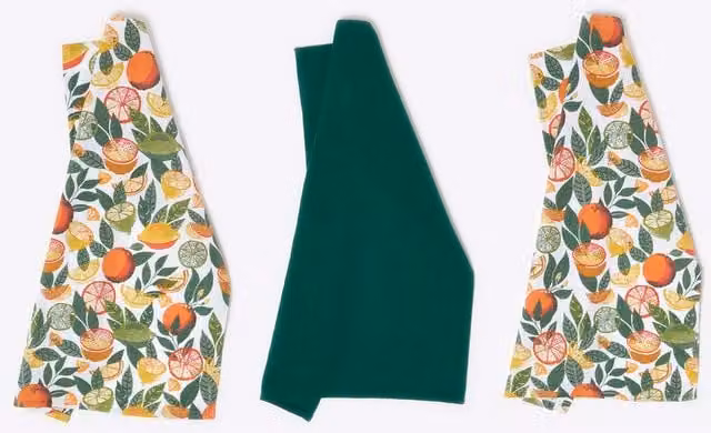 Homescapes Floral Cotton Tea Towels Set of Three, Multicolour (Yellow, Orange, Green)