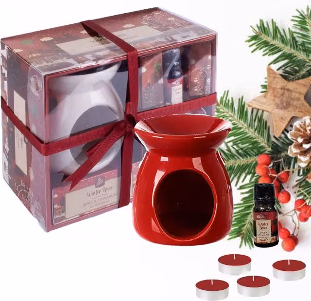 Pan Aroma Christmas Apple and Cinnamon Scented Oil Burner Set with Tealights, Red Ceramic