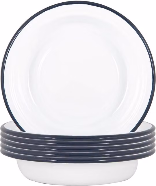 Argon Tableware Set of 6 White Enamel Deep Bowls with Blue Accents, Diameter: 19 cm