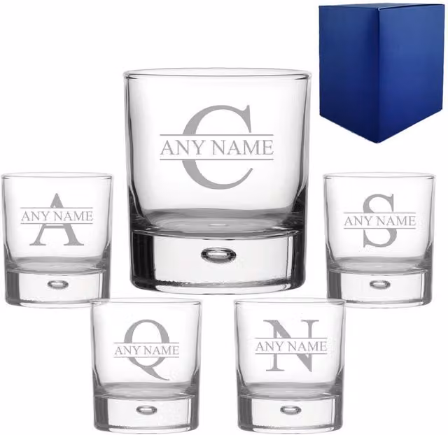 Uniqueful Personalised Bubble Whisky Glass with Initial and Name, 340 ml, Transparent