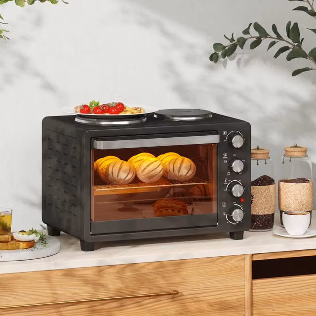 HOMCOM 28L Toaster Oven with 2 Hot Plates for Grilling, Roasting, Baking and Boiling, Black