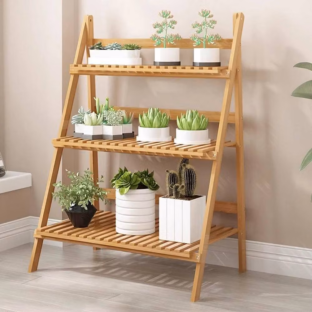 NESTLUNE Foldable 3-Tier Wooden Ladder Plant Stand in Brown, H 100 x W 15 x D 15 cm – 5