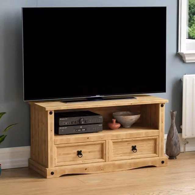 FORGEVIO Corona Rustic Mexican Solid Pine TV Unit Stand with 2 Drawers in Brown – 1
