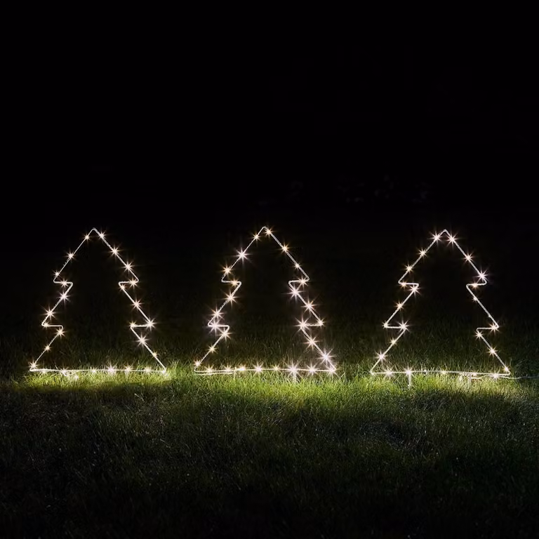 Set of 3 Warm White Christmas Tree Stake Lights with Timer and Metal Ground Spikes