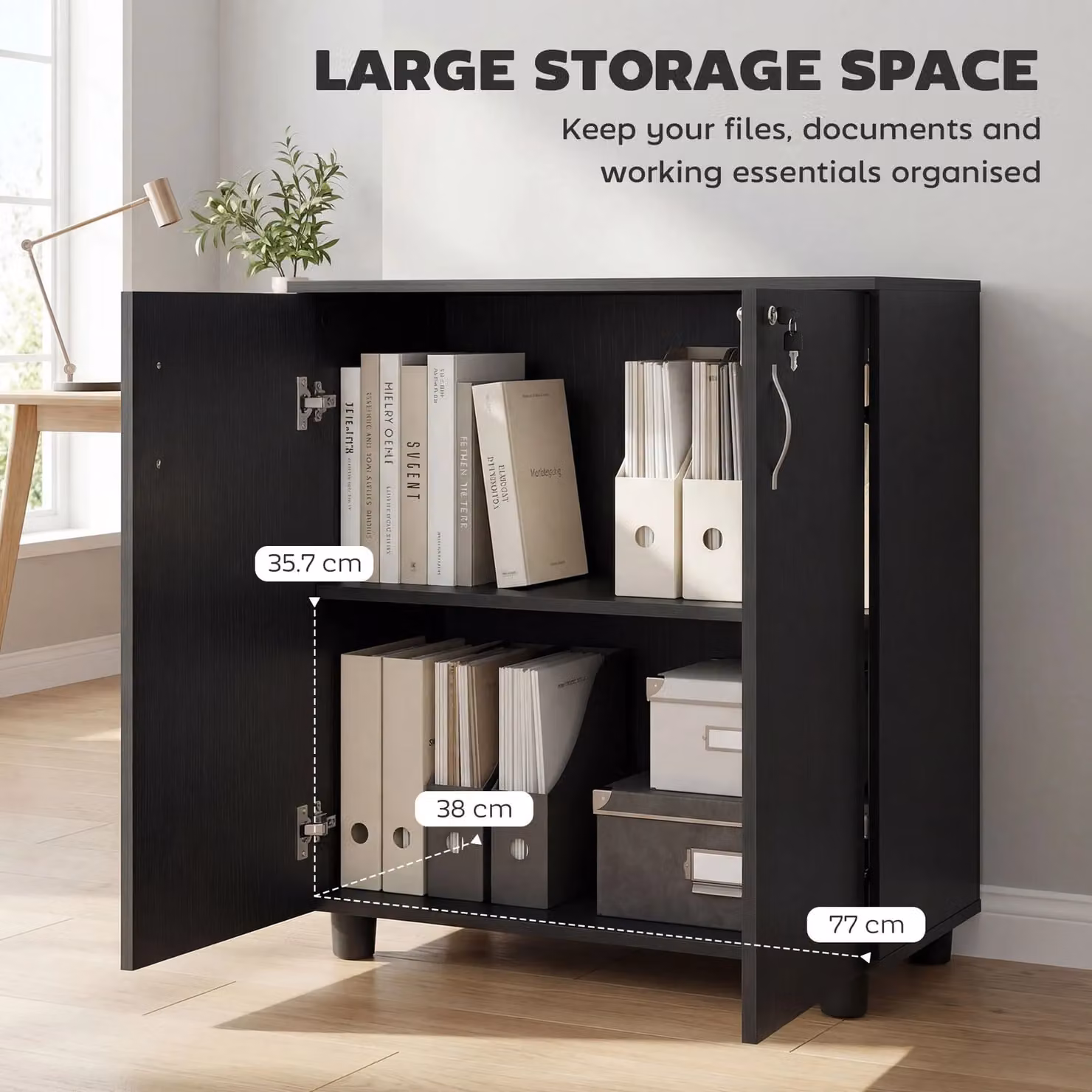 VINSETTO 2-Tier Locking Office Storage Cabinet with Hinged Doors and Internal Shelves in Black – 4