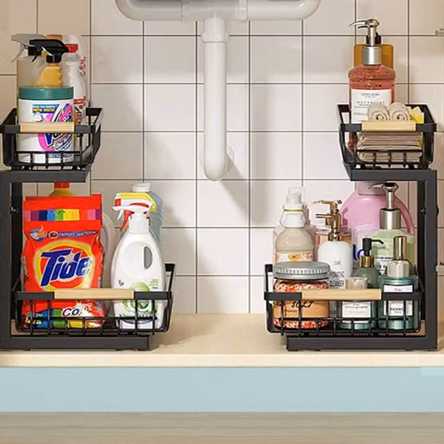 Voltico Set of 2 Black Metal Under Sink Pull-Out Basket Storage Organisers – 1