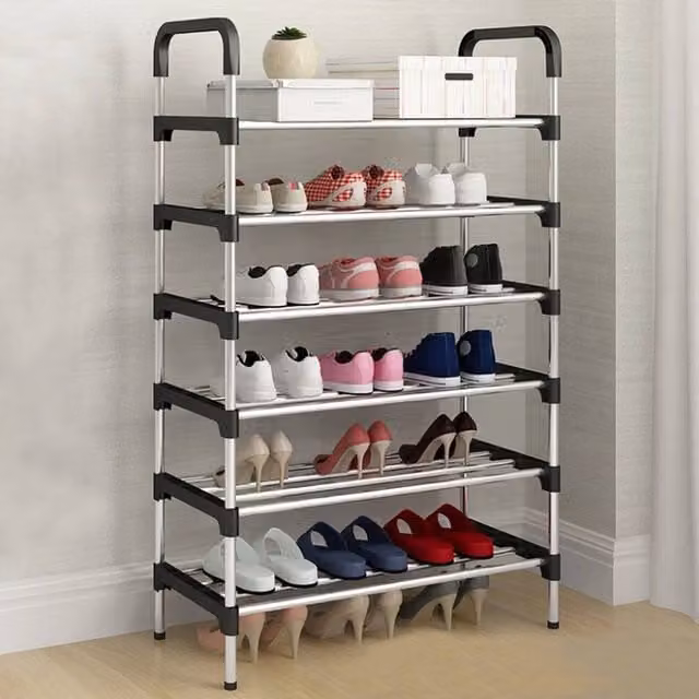 EONLION 6 Tier Metal Shoe Rack Storage Organiser Stand in Silver, W/D/H: 50 x 50 x 110 cm