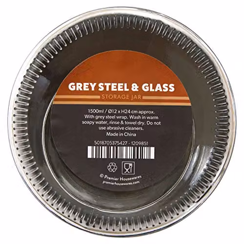 Orsina Glass Storage Jar with Silver Stainless Steel Screw Lid, Grey and Transparent, W: 12 cm, D: 12 cm, H: 24 cm – 2