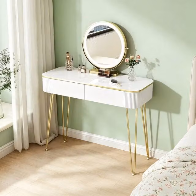 Merax White and Gold Glossy Dressing Table with Hollywood LED Mirror and 2 Drawers, W/D/H: 121 x 40 x 76.7 cm
