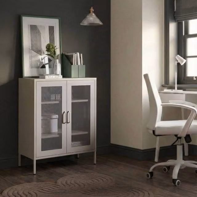 Wyld and Coco Industrial Office Cabinet in Matt Beige with 2 Hinged Glass Doors and Locks – 1