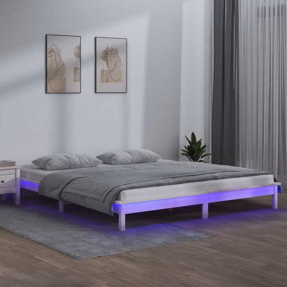 Berkfield Home Super King Size Solid Pine Wood LED Bed Frame with Under-Bed Lighting, White, W: 180 cm, D: 200 cm, H: 26 cm – 2