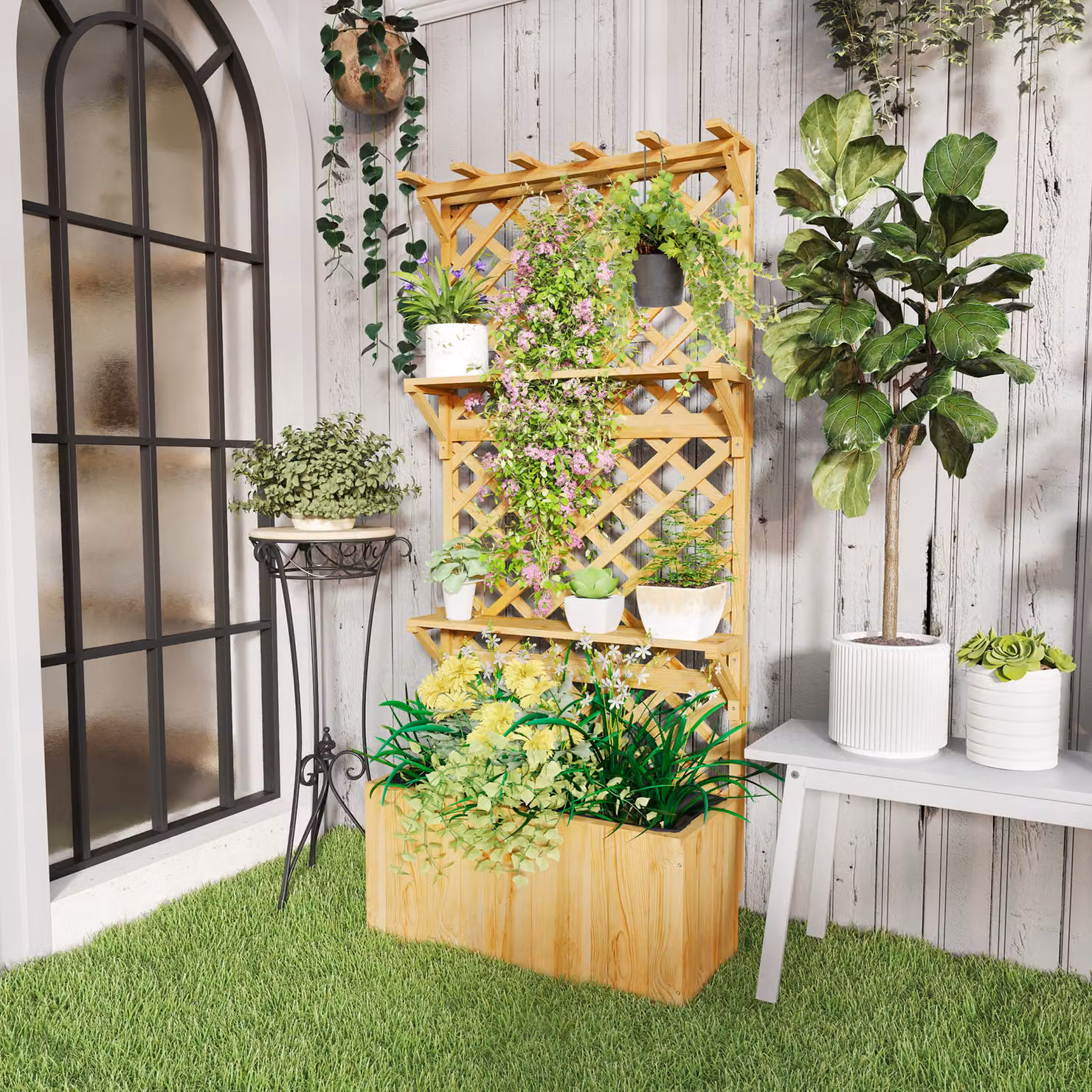 Outsunny 52L Wooden Raised Bed Planter with Trellis and Shelves in Brown – 2