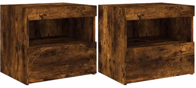 Berkfield Home Set of 2 Modern Bedside Cabinets with Integrated LED Lights in Smoked Oak Brown, W/D/H: 50 x 40 x 45 cm – 1