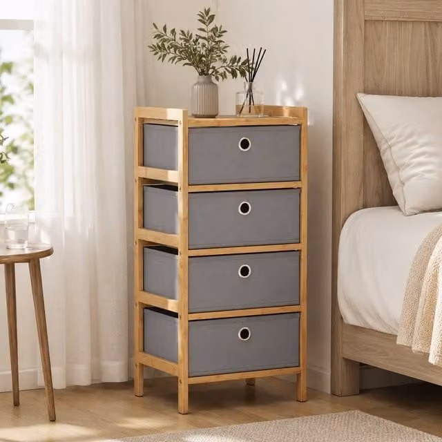 STILVORA Scandinavian Style Chest of Drawers with 4 Fabric Drawers and Bamboo Frame in Light Grey – 1
