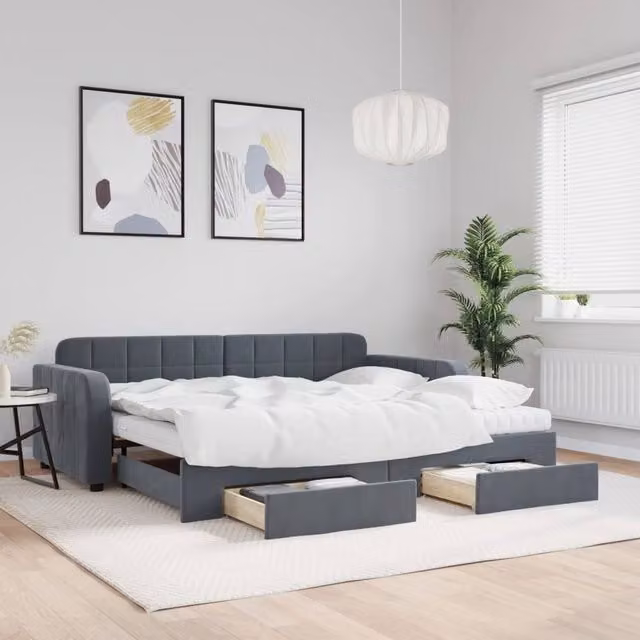 Berkfield Home Velvet Daybed with Trundle and Drawers in Dark Grey, W/D/H: 90 x 190 cm