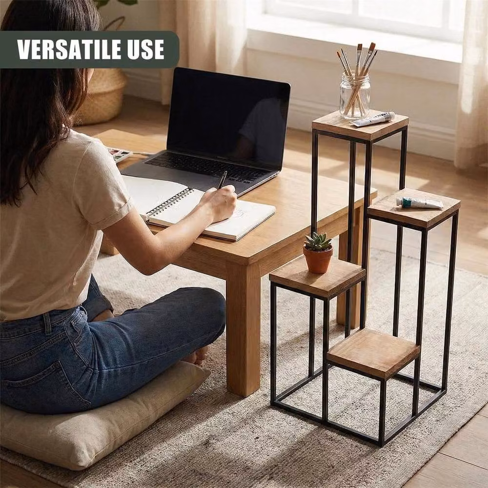 EONLION 4 Tier Industrial Plant Stand in Brown Metal and Wood – 2