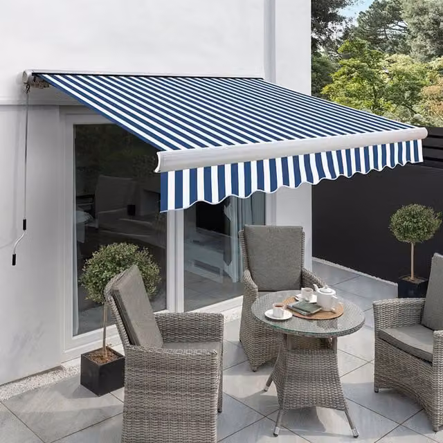 Primrose Full Cassette Electric Patio Awning with 4m Canopy in Blue and White Stripe