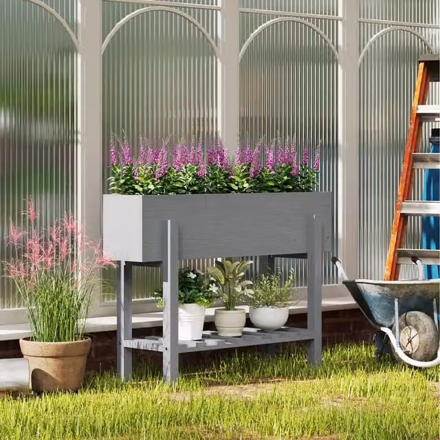 Outsunny Grey Wooden Raised Planter with Bed Liner and Storage Shelf