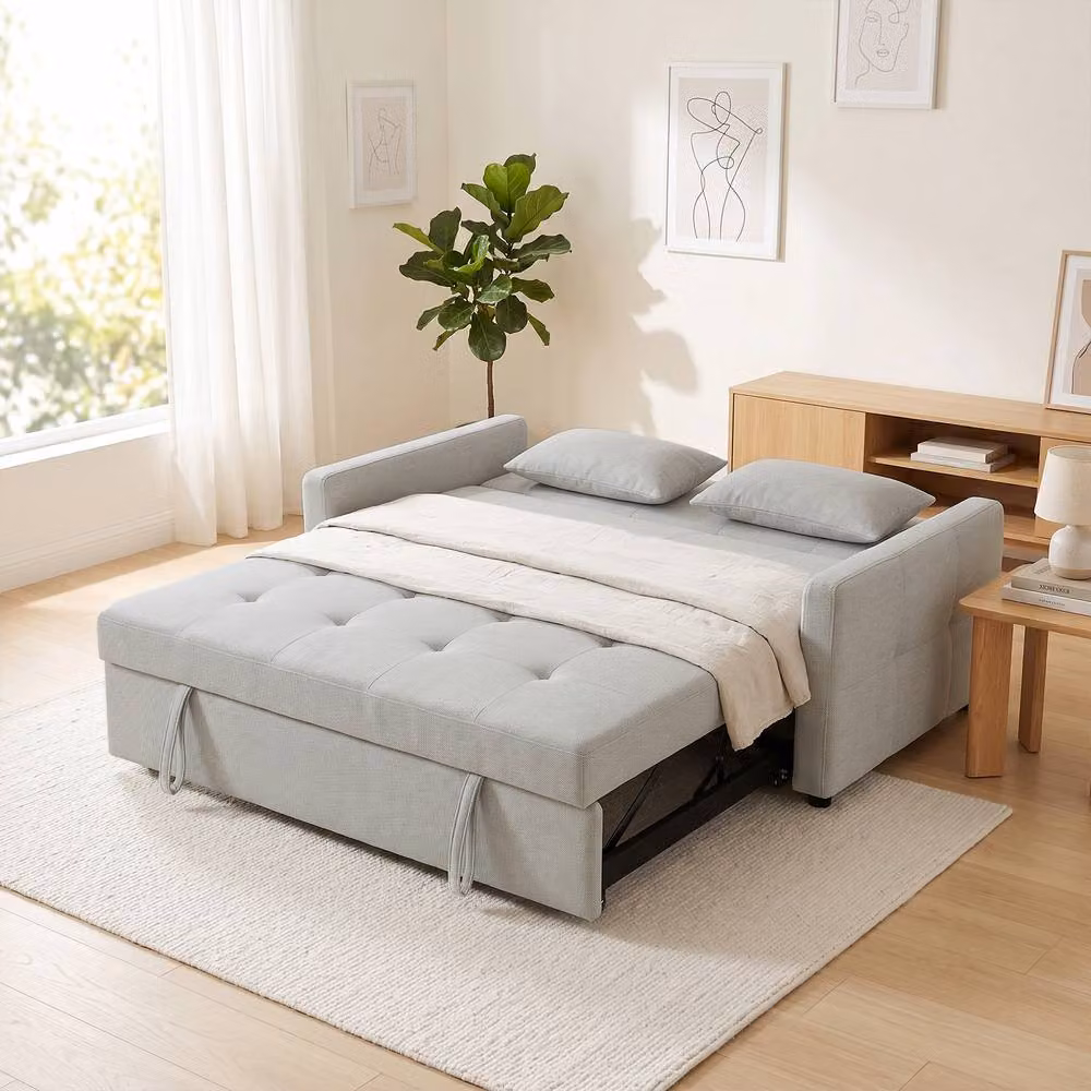 STILVORA Grey Two-Seater Click-Clack Sofa Bed with Linen Upholstery and Pull-Out Design – 2