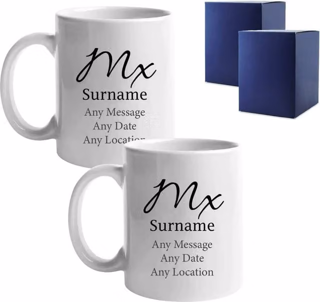 Uniqueful Personalised Mx & Mx Elegant Font Design Wedding Mug Set in White, 1000ml – 1