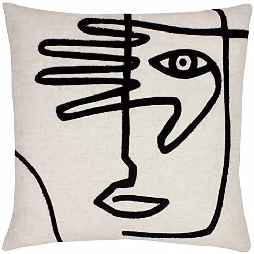 Riva Graphic Square Linen Cushion in Multicolour Beige and White, W/D/H: 50 x 50 x 50 cm