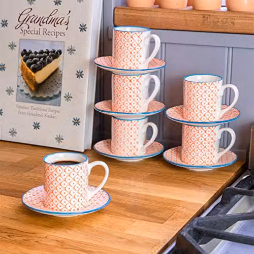 Nicola Spring 12 Piece Orange Hand Printed Espresso Cup and Saucer Set, 65ml Porcelain – 2