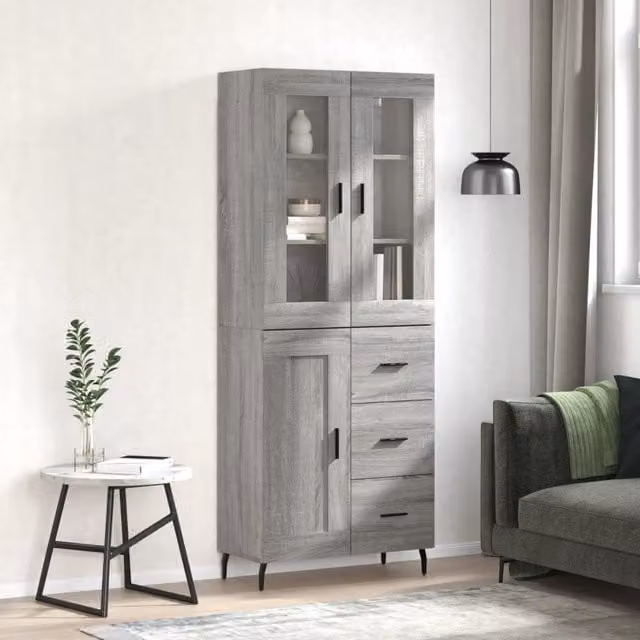 Berkfield Home Grey Sonoma Modern Highboard with Hinged Doors and Internal Shelves, W: 69.5 cm, D: 34 cm, H: 180 cm