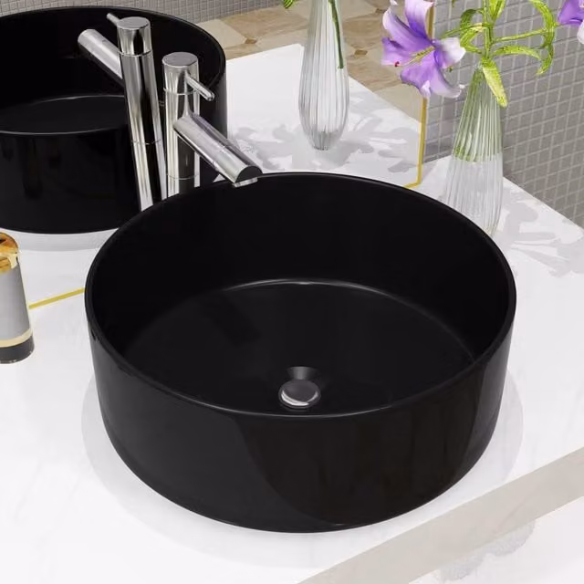 Berkfield Home Round Ceramic Basin, Black, W: 40 cm, D: 15 cm