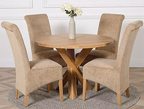 Thats Furniture Oregon Round Oak Dining Table and 4 Montana Beige Fabric Chairs Set, Diameter: 110 cm, Height: 76 cm – 1