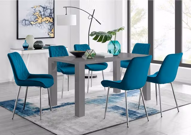 FurnitureboxUK Pivero Grey Rectangular Dining Table and 6 Pesaro Silver Leg Chairs in Blue