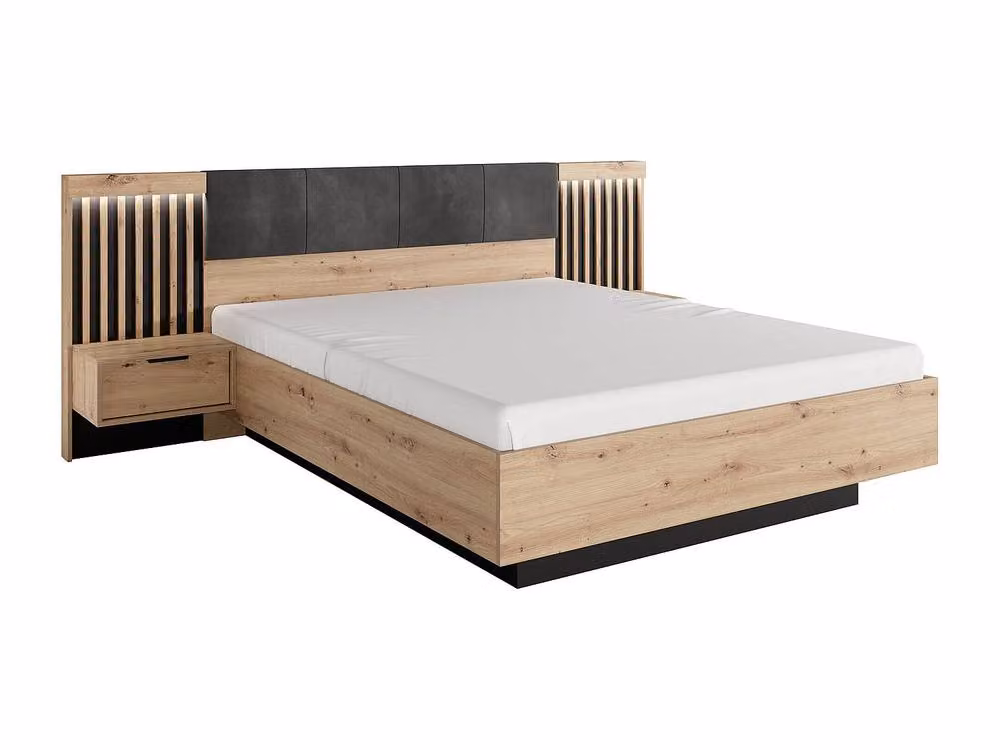 Vente-unique Modern Double Bed with Bedside Tables and Under-bed LED Lighting, Black and Brown, W/D/H: 160 x 200 x 104 cm – 2