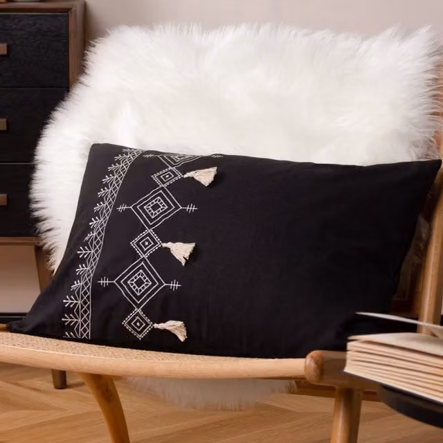 Pritta Black Bohemian Geometric Embroidered Cotton Tassel Trim Polyester Filled Rectangular Cushion W: 60 cm, H: 40 cm, D: 40 cm – 1