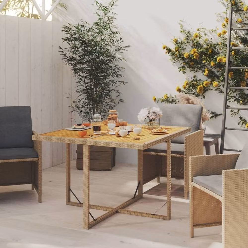 Berkfield Home Beige Poly Rattan and Acacia Wood Garden Table W/D/H: 109 x 107 x 74 cm – 3