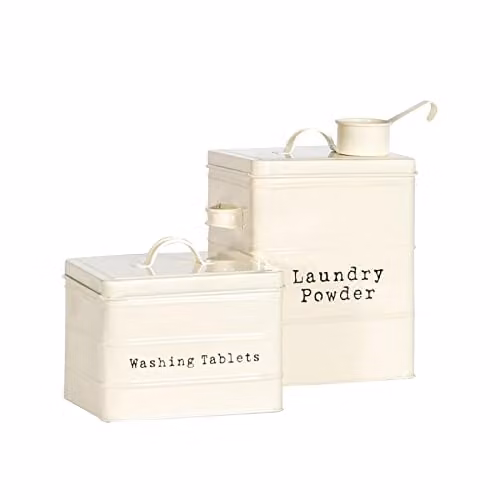 Harbour Housewares Utility Canister Storage Set - 2pc Metal Kitchen and Laundry Organisation Tins - Beige/White