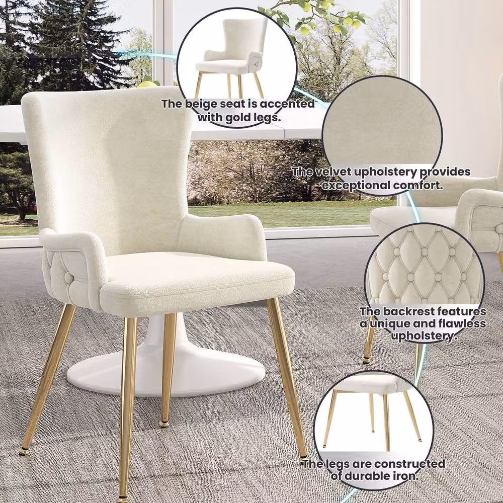 BTM Set of 4 Beige Velvet Dining Chairs with Gold Metal Legs – 4