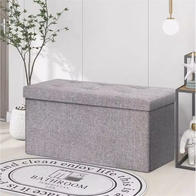 Kelvenix Folding Ottoman Storage Box Pouffe Seat in Grey Fabric – 1