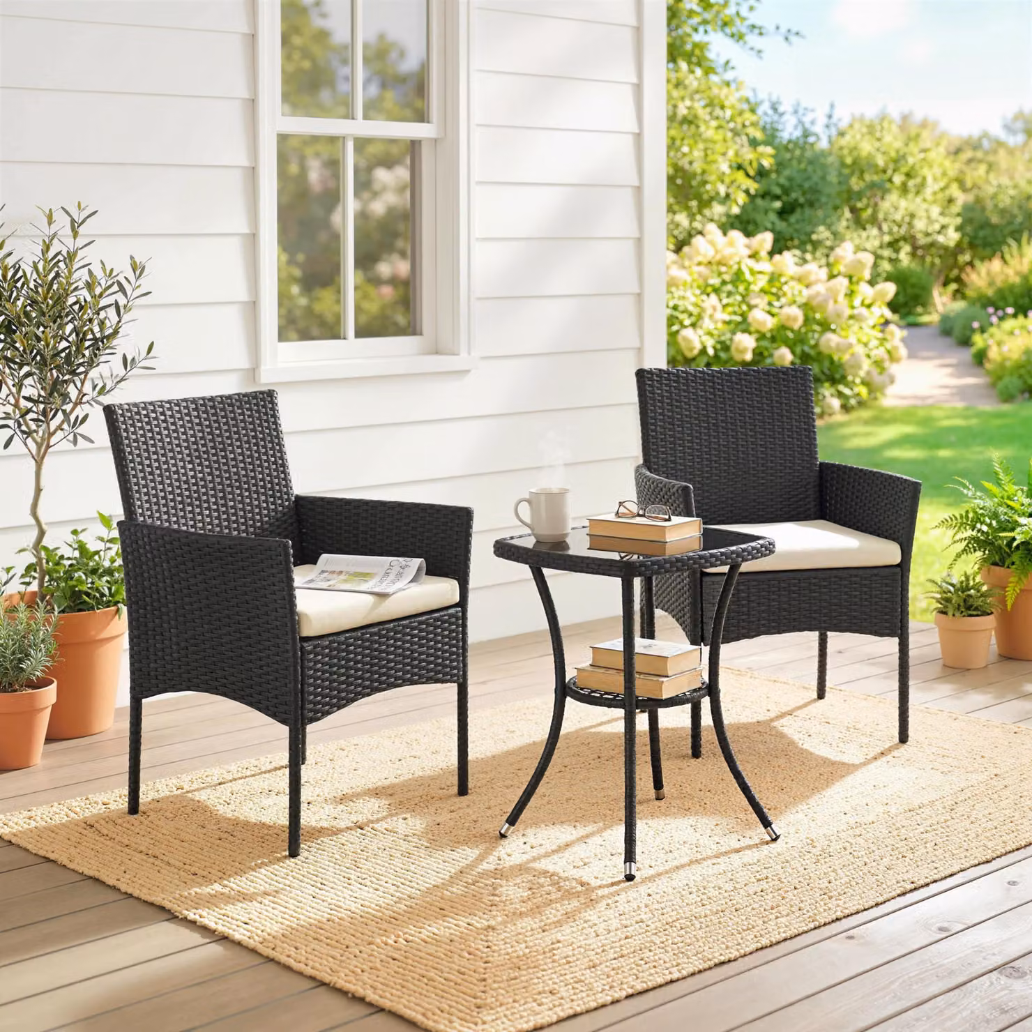 Outsunny 3 Piece Rattan Bistro Set with 2 Tier Glass Top Table and Chairs in Cream White – 2
