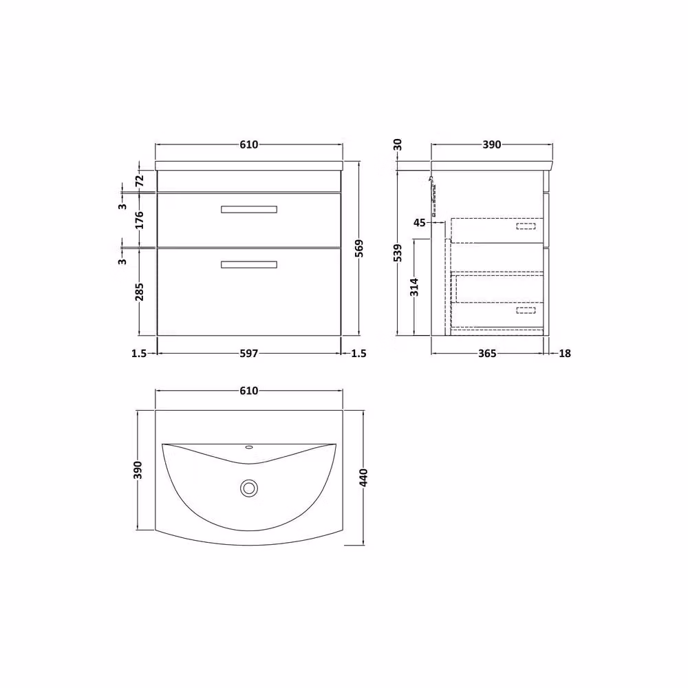 Balterley Millwich 2 Drawer Wall Hung Vanity Basin Unit, Gloss Grey, Width: 60 cm – 2