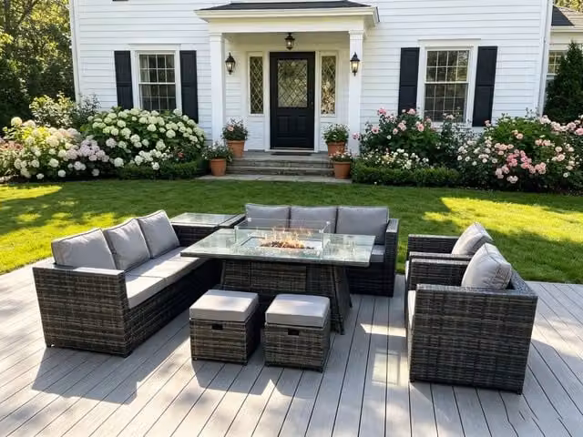 Fimous 10 Seater Rattan Outdoor Lounge and Garden Furniture Set with Gas Firepit, Dining Table, Chairs and Coffee Table in Dark Grey