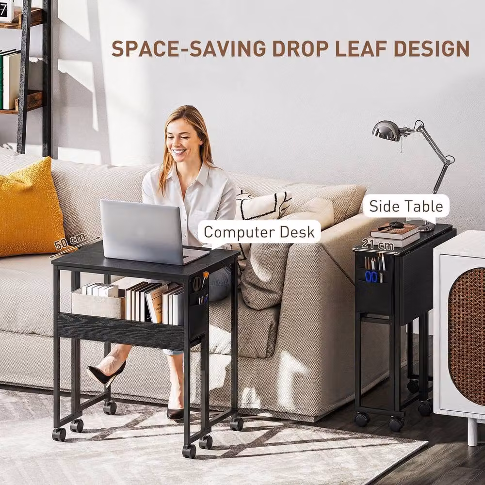 STILVORA Drop Leaf Desk with Shelf and Castors in Black – 6