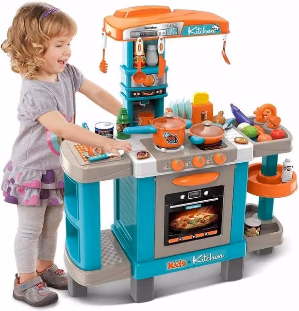 The Magic Toy Shop Kids Pretend Kitchen Role Play Set with Sounds and Lights in Turquoise