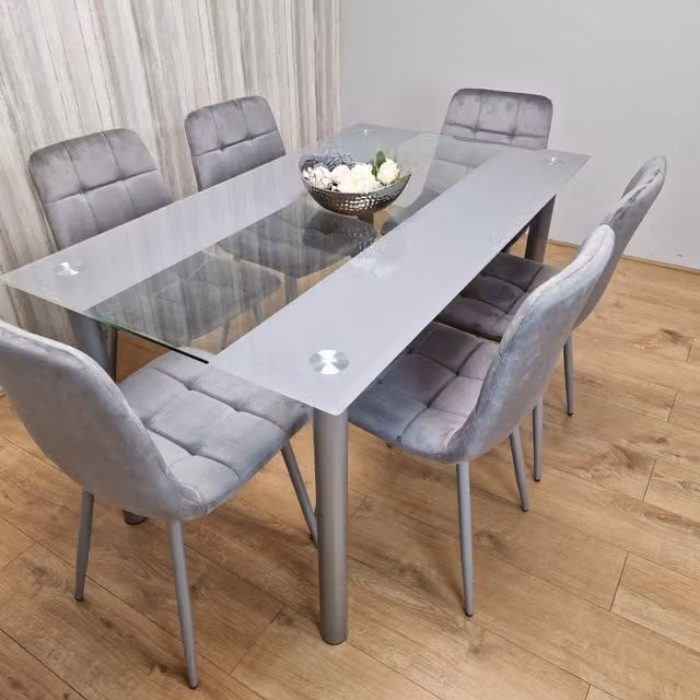 Kosy Koala Modern Rectangular Transparent Glass Dining Table with 6 Grey Chairs Dining Set