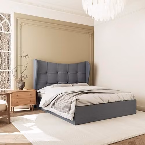 Seconique Verona Double Ottoman Gas Lift Storage Bed in Grey Fabric, W/D/H: 140 x 200 cm